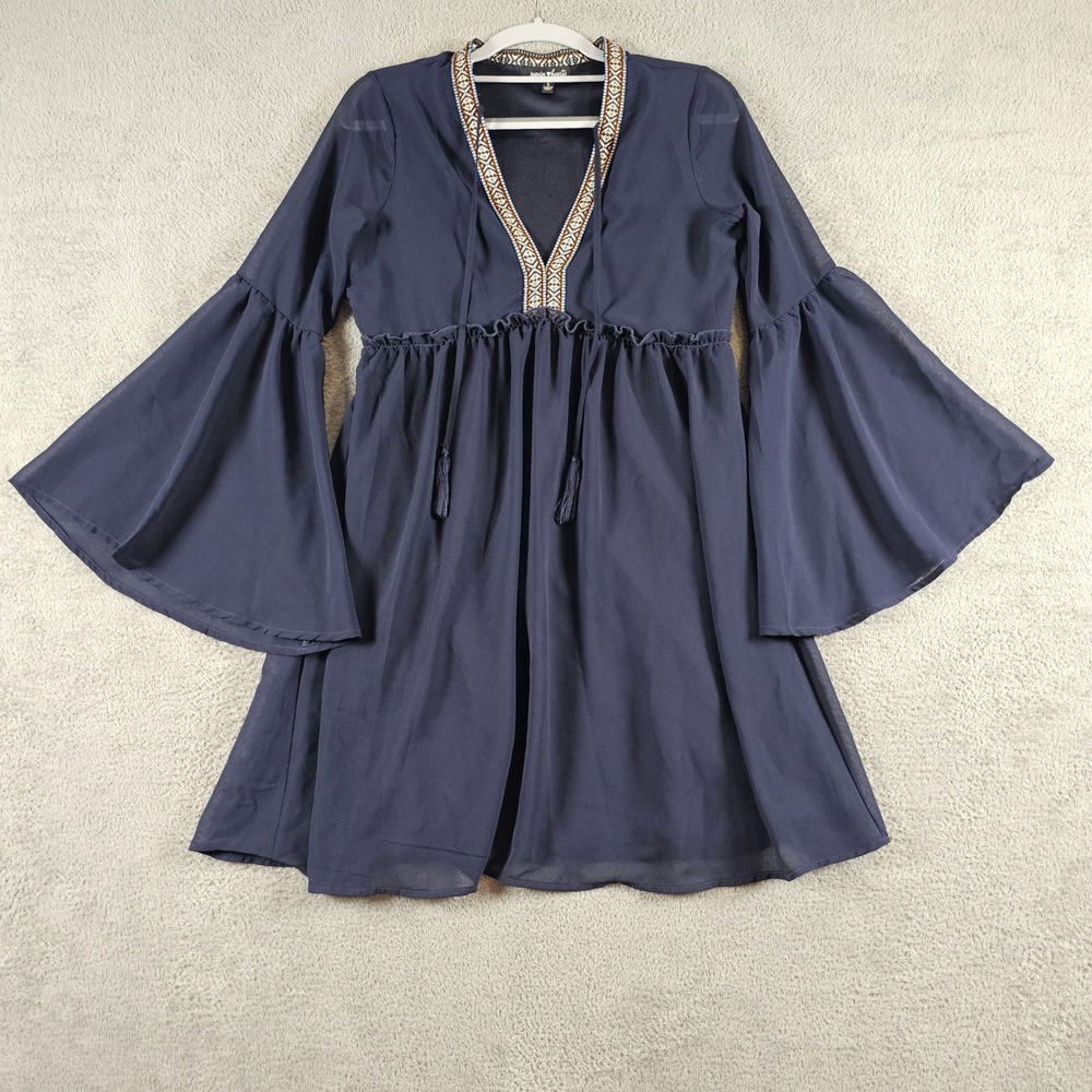 Sequin Hearts‎ Navy Blue Embroidered Bell Sleeve Babydoll Dress Small Lined